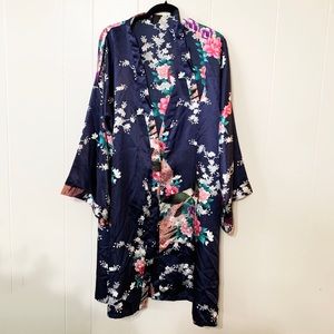 Kimono navy peacocks floral silky robe